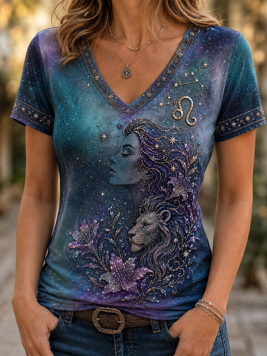 Retro Astrologie Leo Floral Casual V-Neck T-shirt Femme