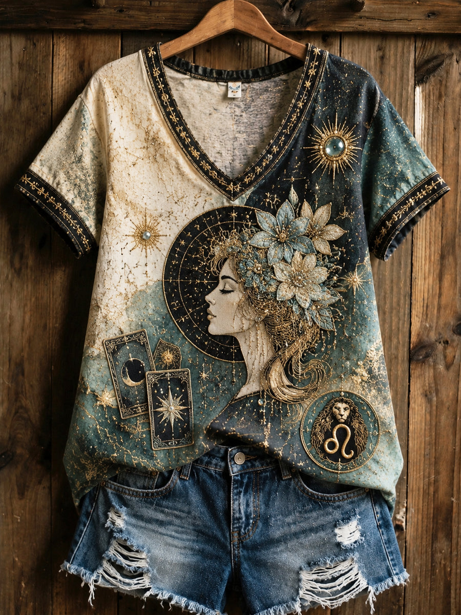 Astrologie Vintage Zodiac Art Casual col en V coton-lin T-Shirt