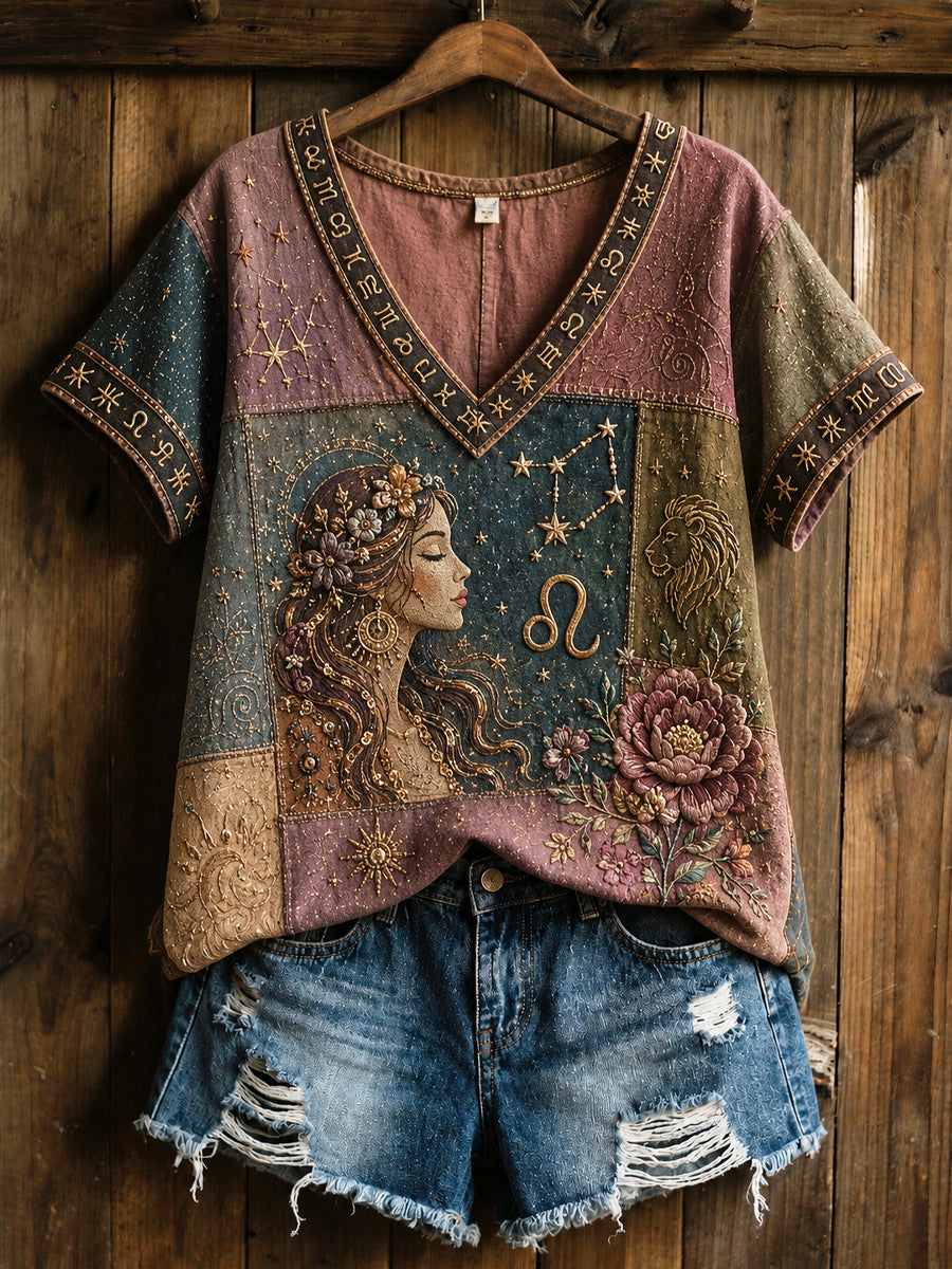 Rétro Astrologie Guérison Patchwork Casual V-Neck Coton-Lin T-Shirt