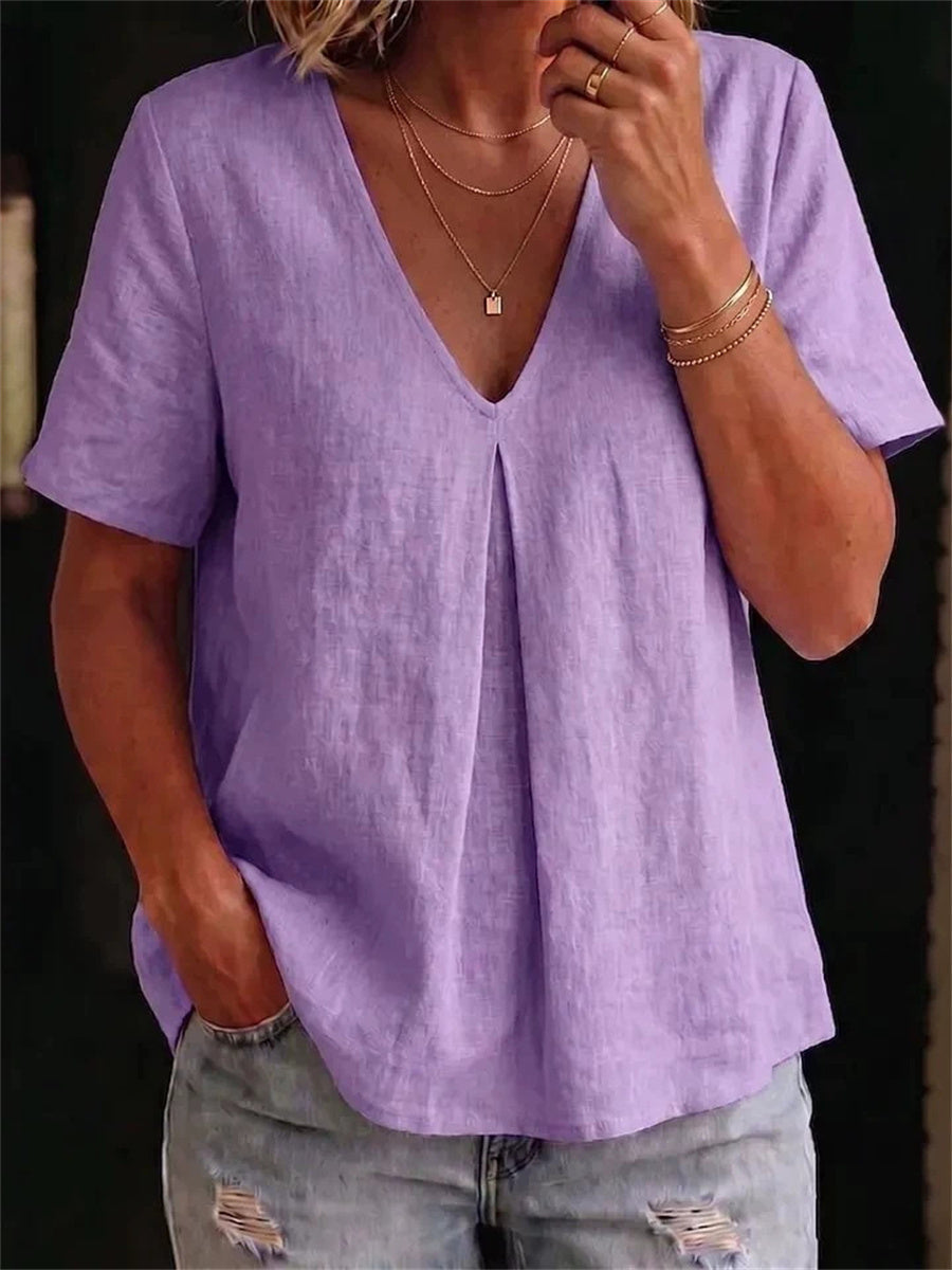 T-shirt femme simple à col en V, à pinces au milieu et manches courtes, en lin