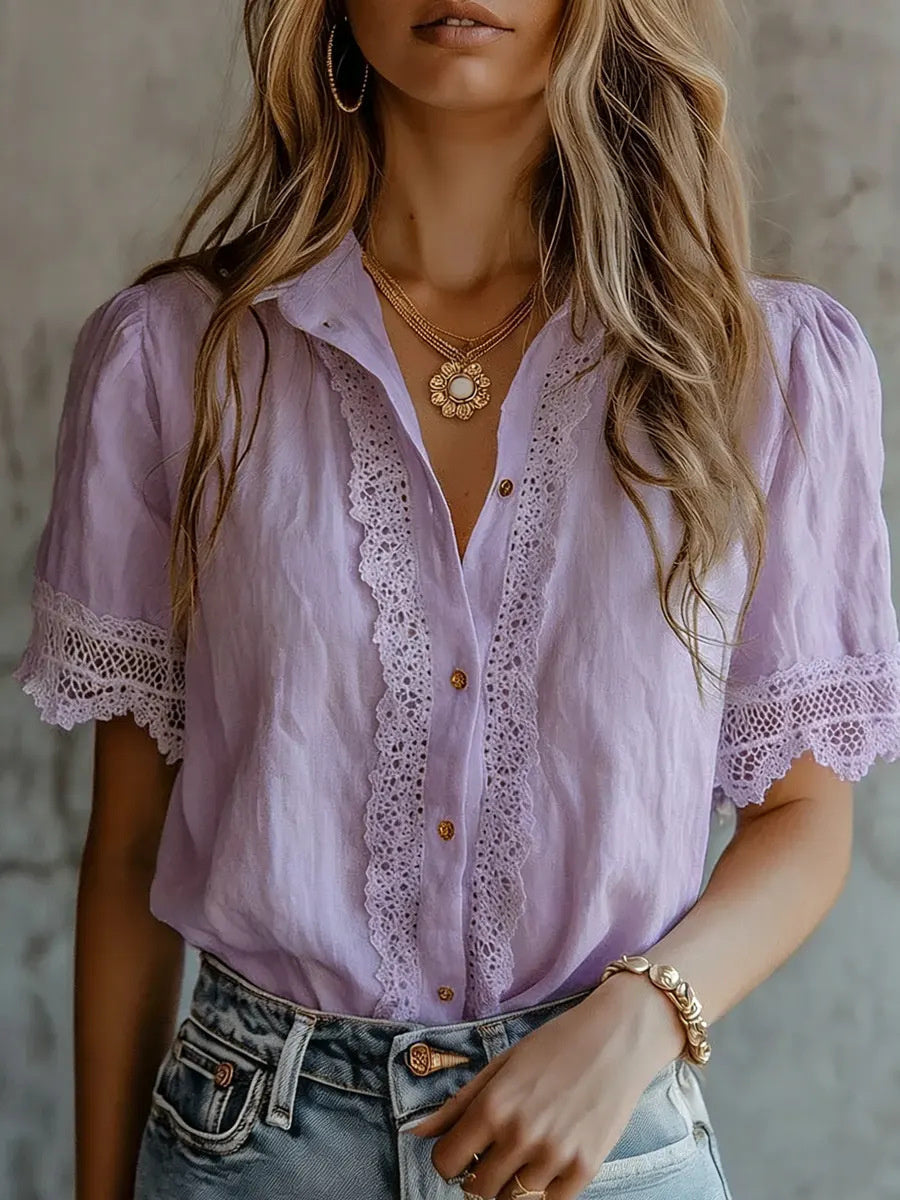 Chemise confortable à manches courtes et bordure en dentelle vintage pour femme
