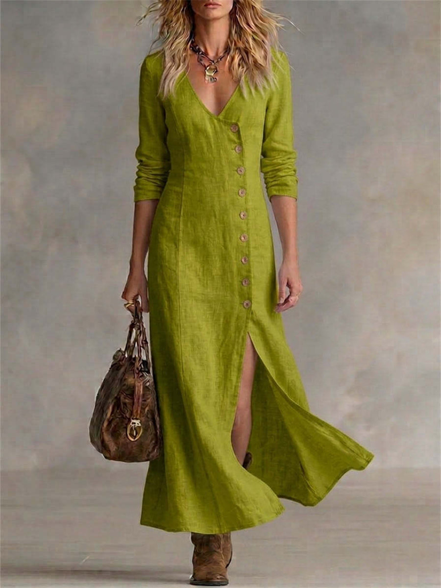 Robe longue fluide pour femme, vintage et élégante, à boutons latéraux et fente basse