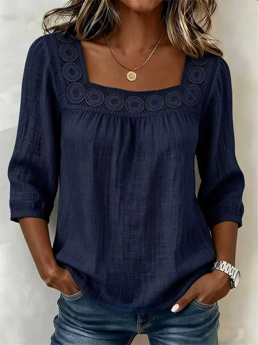 Tunique bohème pour femme en dentelle ajourée, patchwork, manches mi-longues et confortable