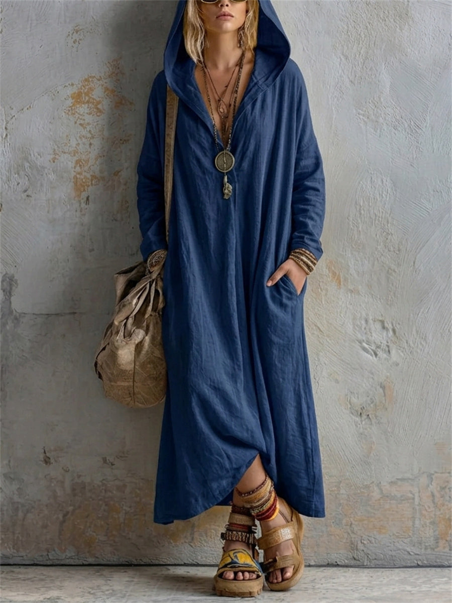 Robe longue en lin à capuche, simple et décontractée pour femme