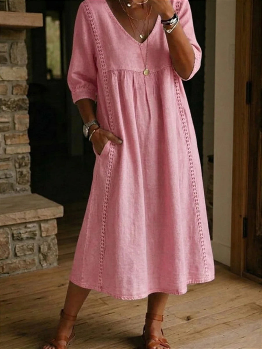 Robe longue à manches mi-longues, plissée, en dentelle et patchwork, sobre pour femme