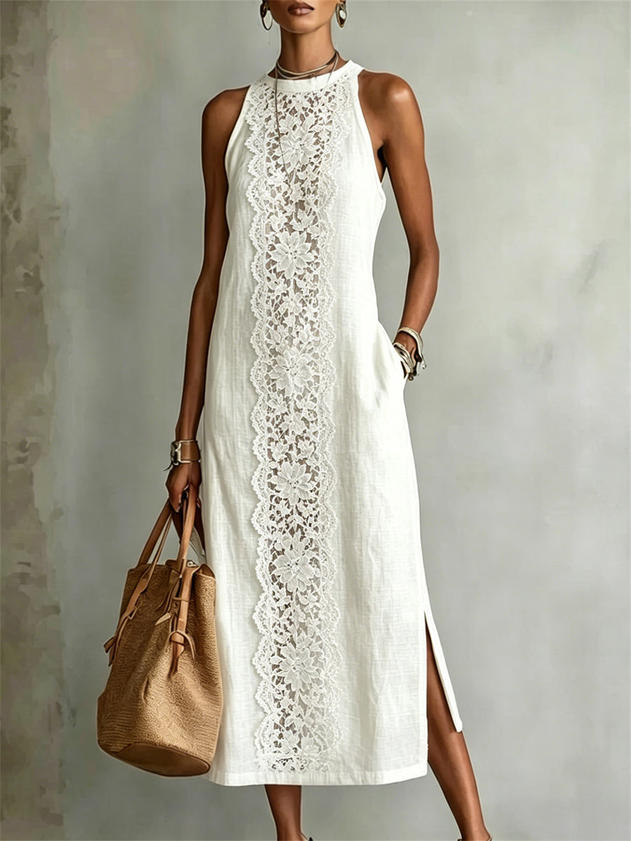 Robe longue en lin à fente latérale, imprimée d’art floral chic et ornée de dentelle pour femme