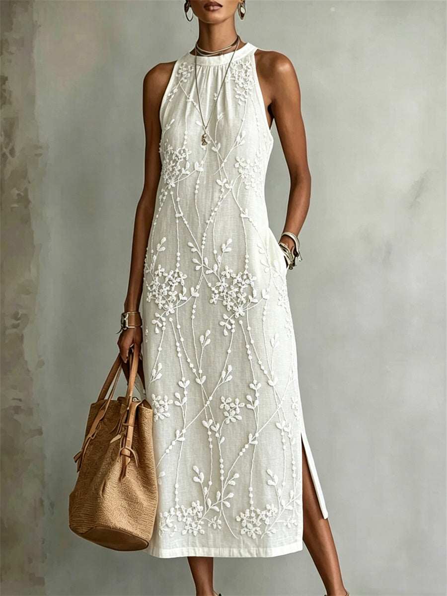 Élégante Vignes Floral Art Print Side Slit Lin Maxi Dress Femme