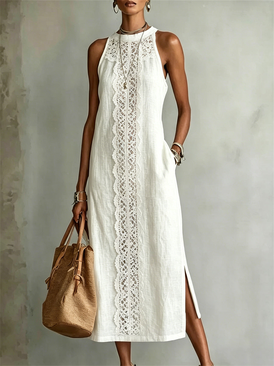Élégante dentelle florale Art Print Side Slit Lin Maxi Dress des femmes