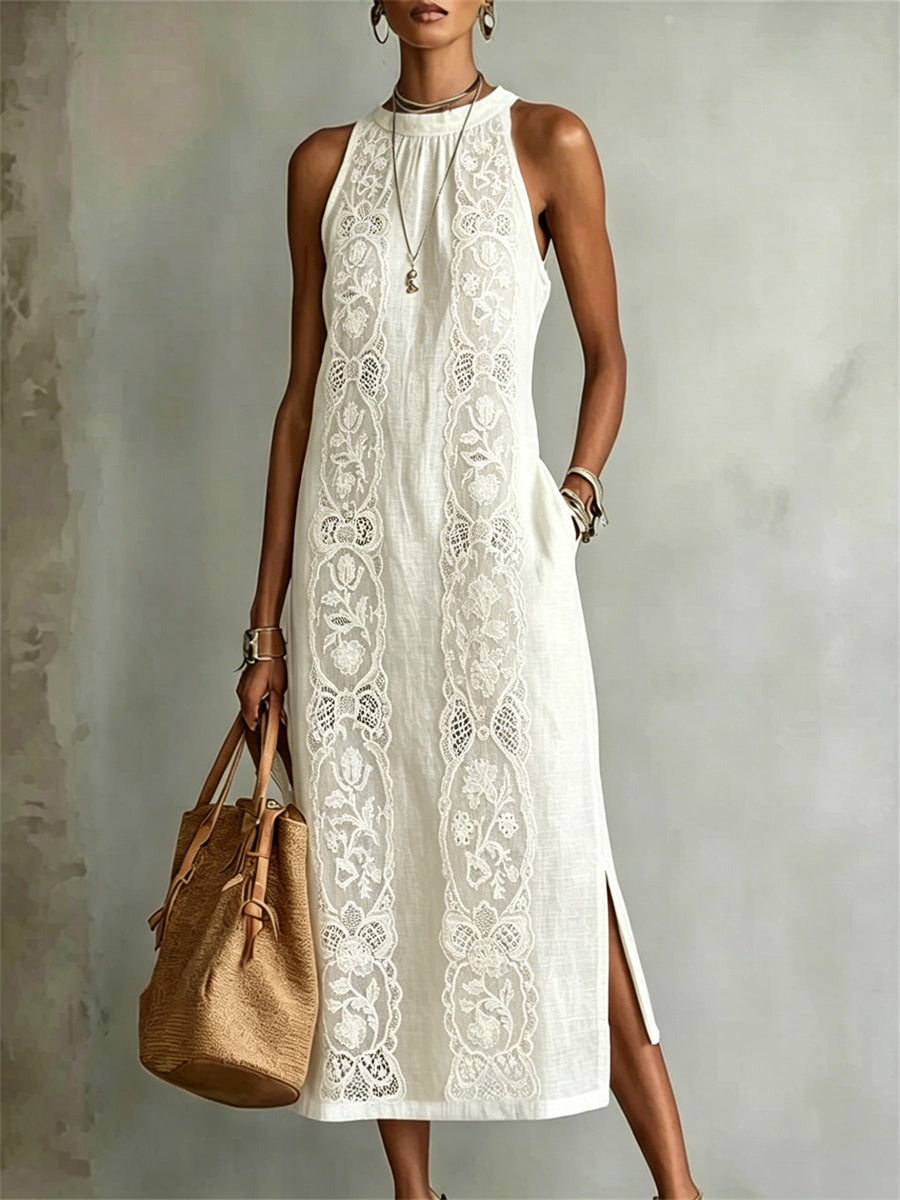 Classique Vintage Floral Dentelle Art Imprimer Side Fente Lin Maxi Robe Femme