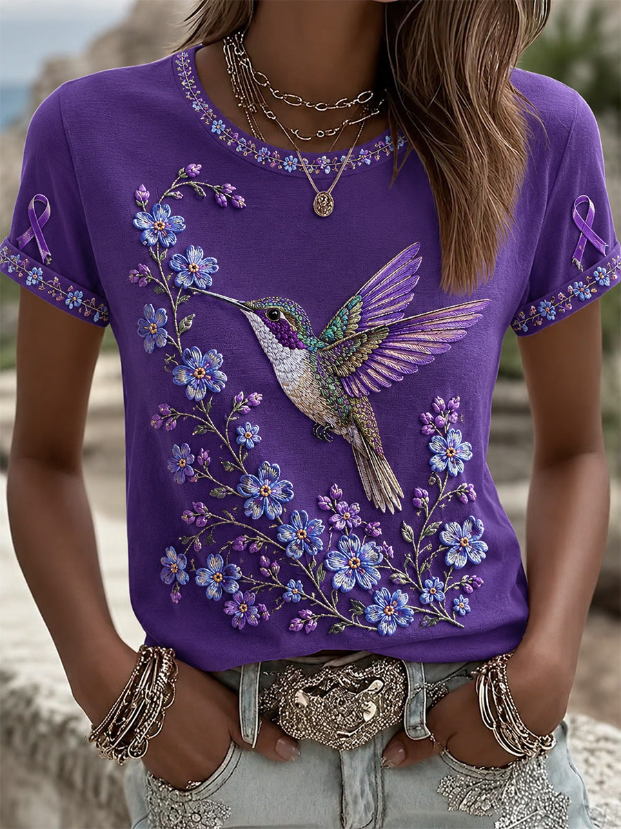 T-shirt de soutien à la sensibilisation à la maladie d’Alzheimer pour femmes, imprimé floral violet et colibris