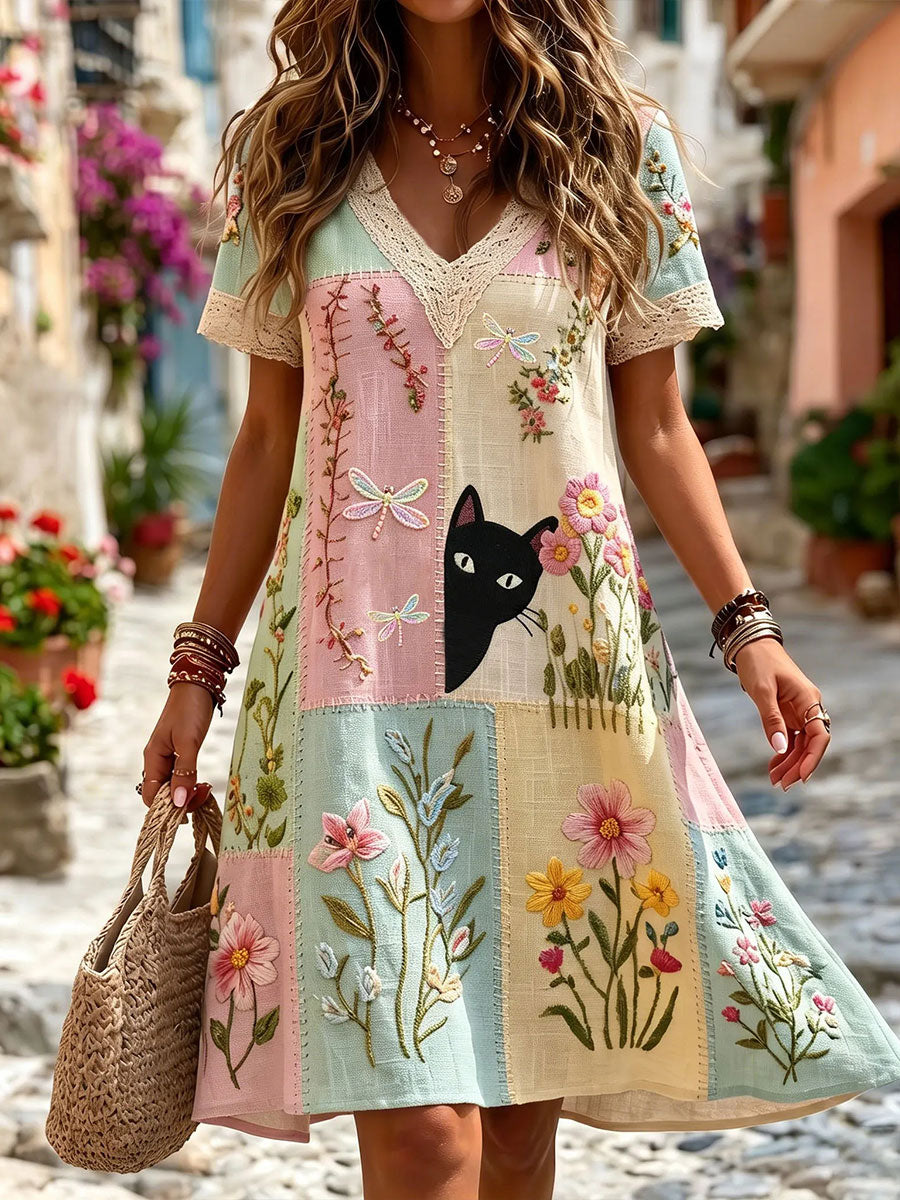 Robe en lin élégante en coton à fleurs pour femmes