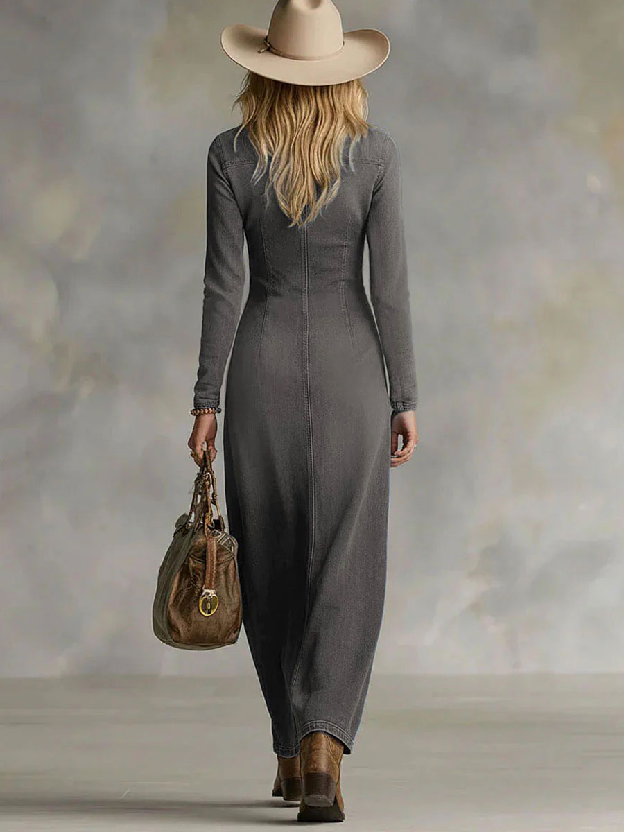 Femmes Vintage Denim V-Neck Robes