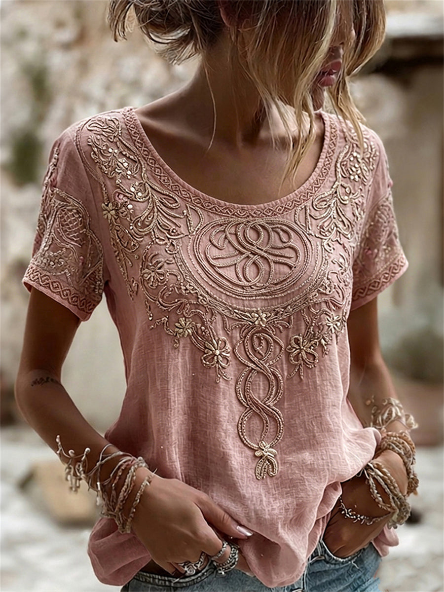 T-shirt à manches courtes en lin Vintage Viking Celtic Knot & Floral Print pour femme