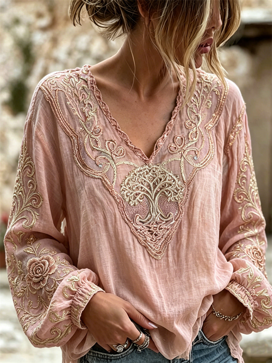 Chemise Femme Vintage Tree of Life Roses Celtic Glitter Print Coton-Lin