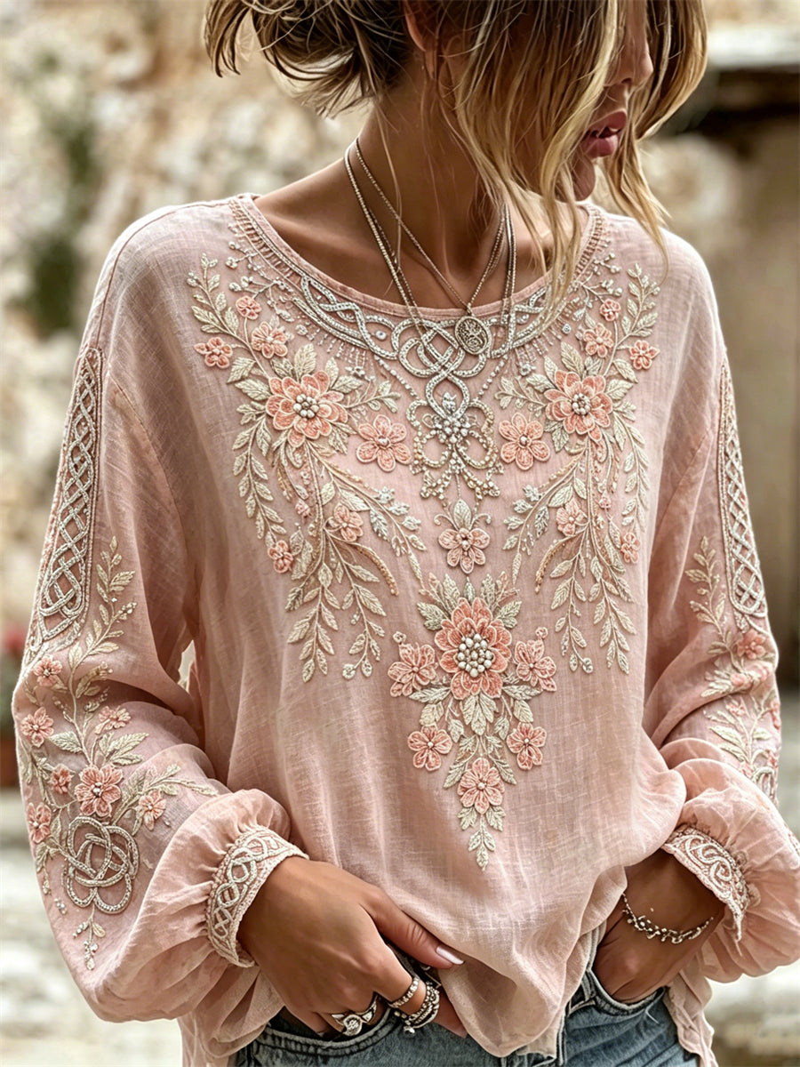 Chemise Femme Classique Rose Florale Viking Celtique Noeud Imprimé Coton-Lin