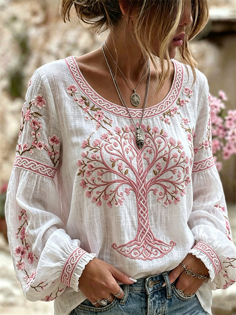 Chemise Femme Viking Arbre de Vie Fleur de Cerisier Imprimé Coton-Lin