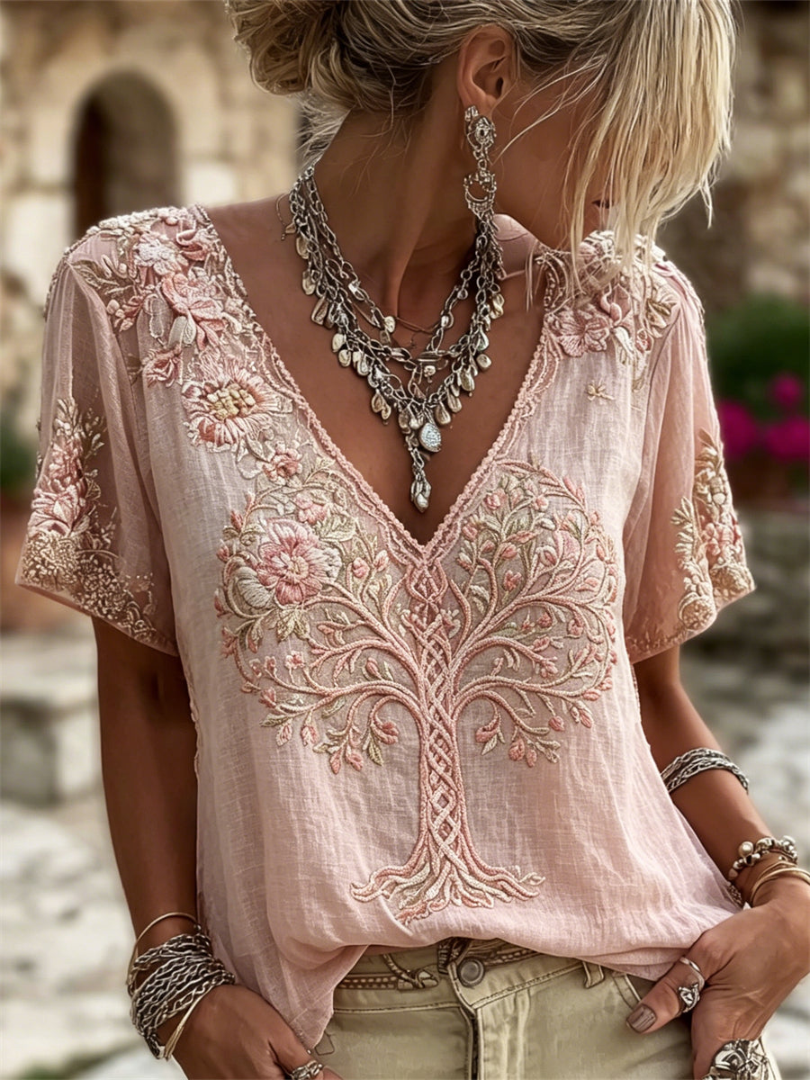 T-shirt Femme Vintage Arbre de Vie Imprimé Floral en lin à manches courtes