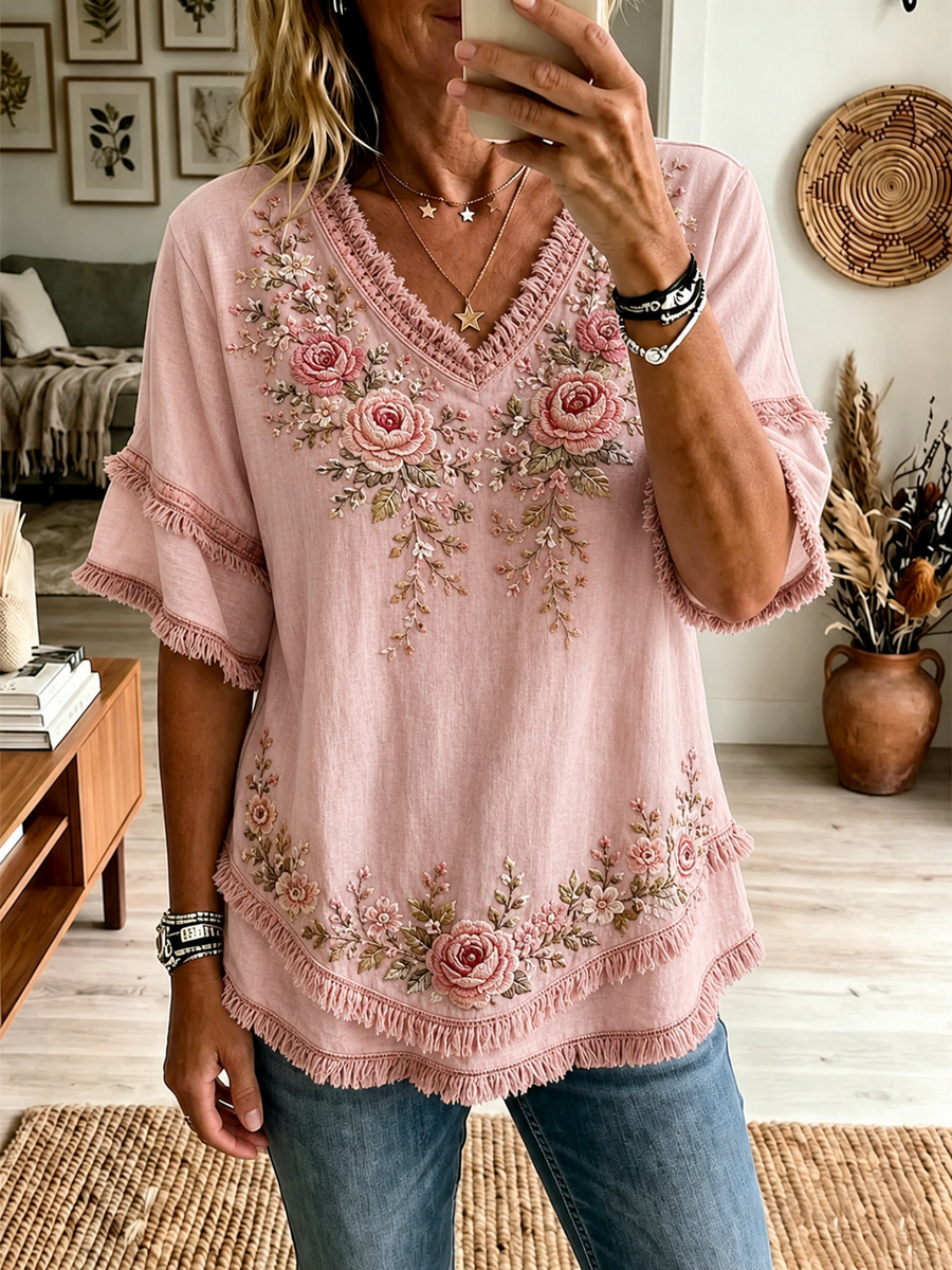 Chemise en coton-lin à imprimé floral pour femme