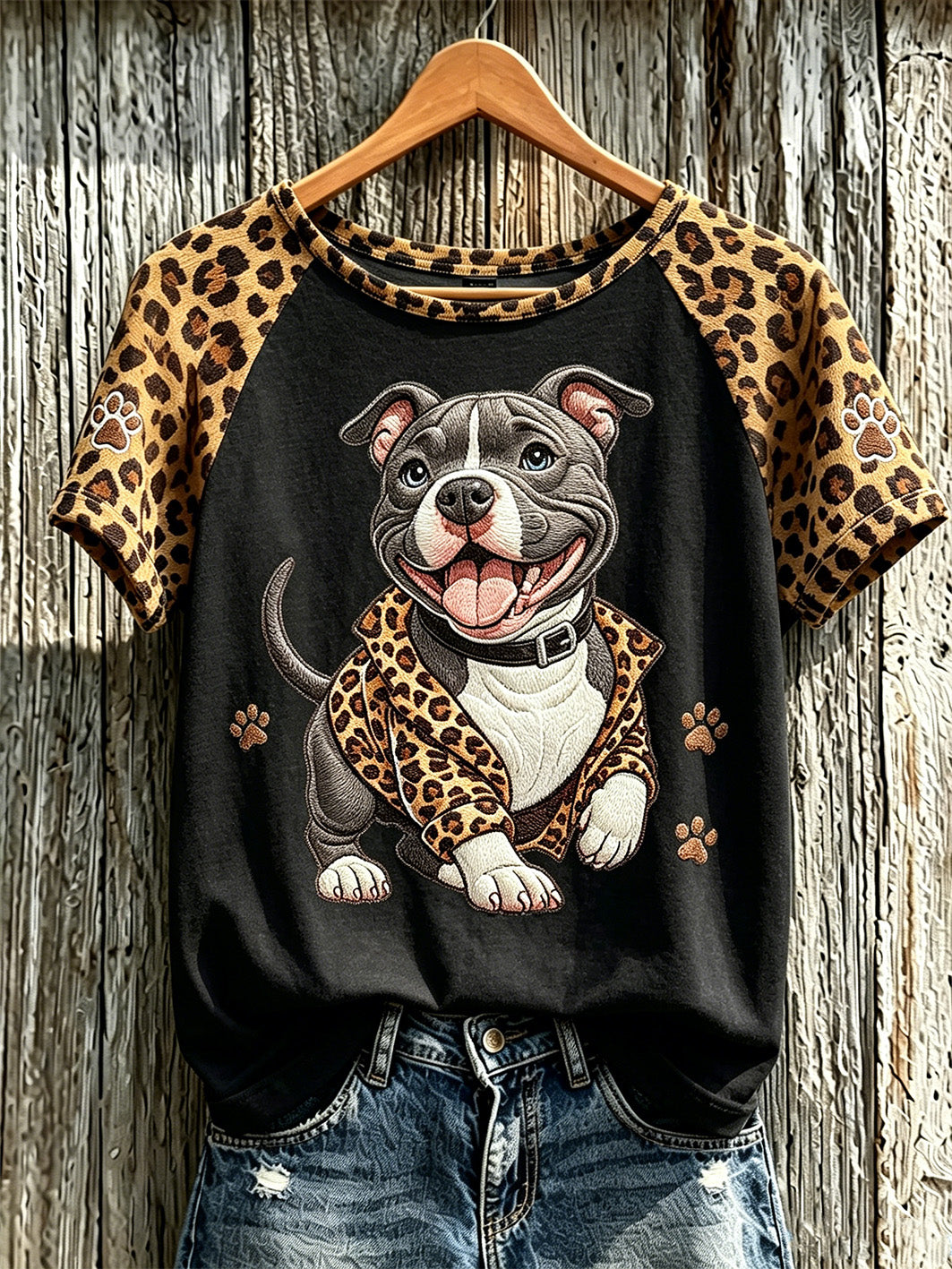 T-shirt décontracté imprimé à motif de chien imprimé léopard rétro pour femme