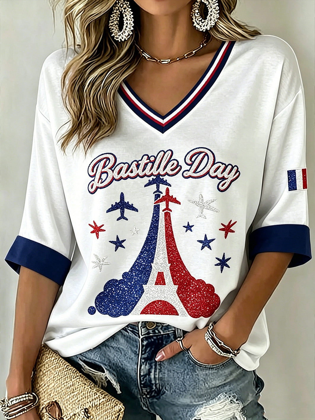T-shirt à col en V imprimé à manches mi-longues pour femmes