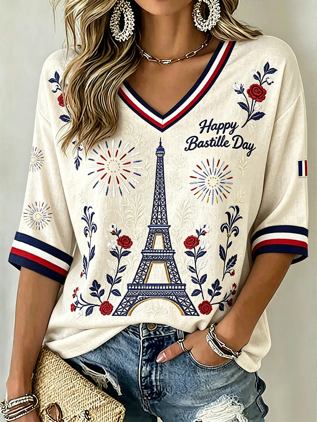 T-shirt femme à manches mi-longues et col en V, motif français imprimé