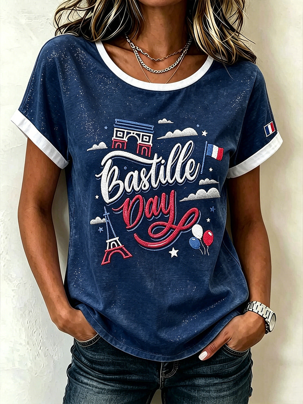 T-shirt femme à manches courtes imprimé à motifs français