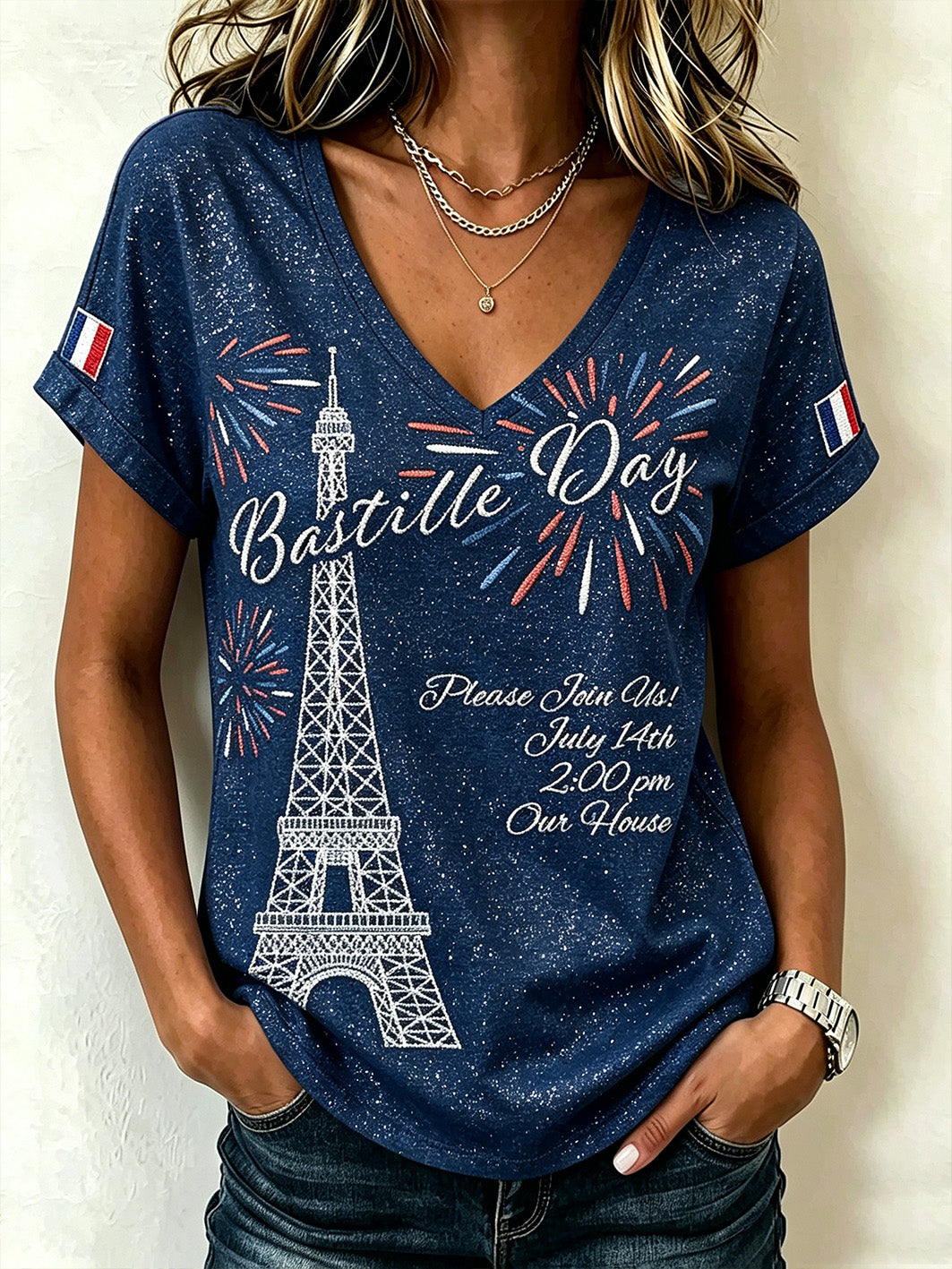 T-shirt femme à manches courtes imprimé à motifs français