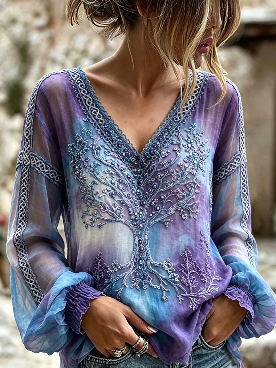 Chemise femme élégante en coton-lin, à col V, motif viking arbre de vie et imprimé celtique