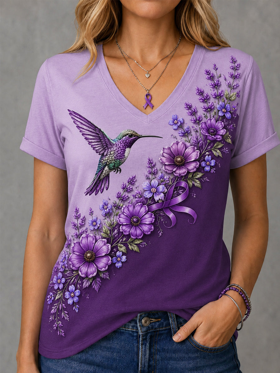 T-shirt à col en V pour femmes, imprimé floral violet et colibris, en soutien à la sensibilisation à la maladie d’Alzheimer