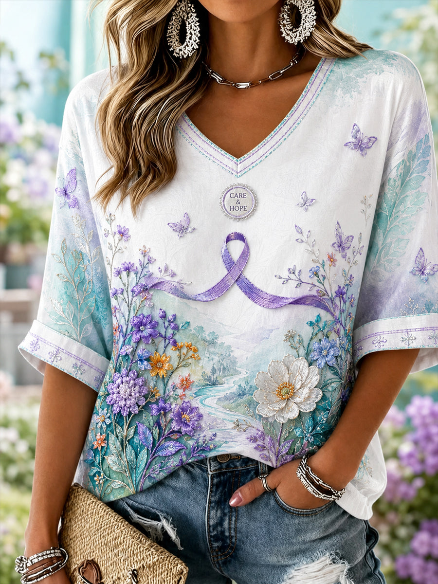 Chemise en lin à col V au motif de sensibilisation à la maladie d’Alzheimer chez les femmes