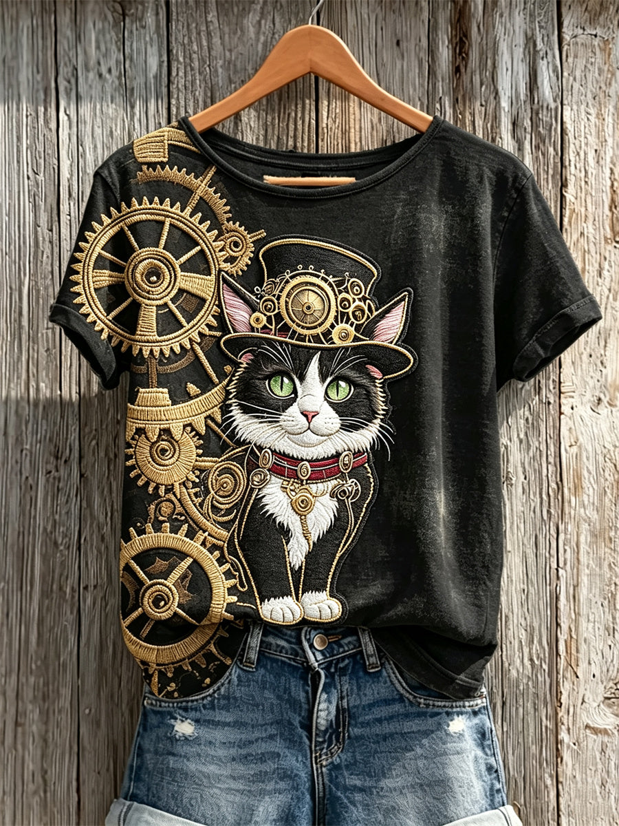 T-shirt à manches courtes pour femmes Vintage Steampunk Cat Art Print