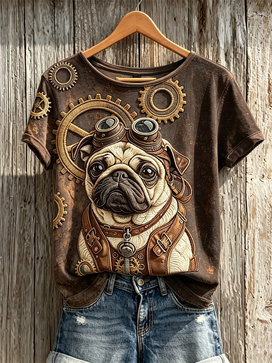 T-shirt vintage steampunk pour femme, à manches courtes, avec imprimé représentant un carlin