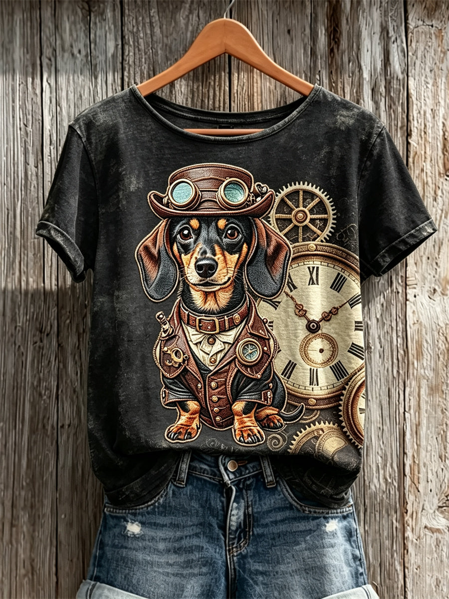 T-shirt vintage steampunk pour femmes, à manches courtes, avec imprimé d’art représentant un teckel