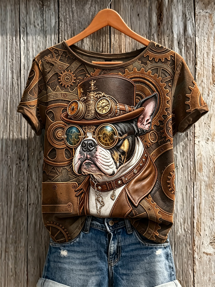 T-shirt vintage steampunk pour femme, imprimé bouledogue, à manches courtes