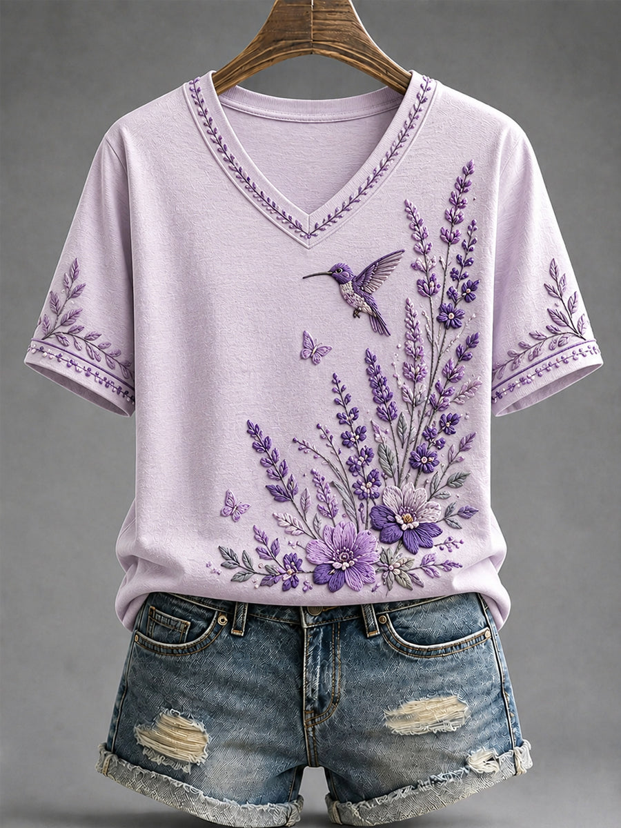 T-shirt à col en V pour femmes, imprimé floral violet et colibris, en soutien à la sensibilisation à la maladie d’Alzheimer