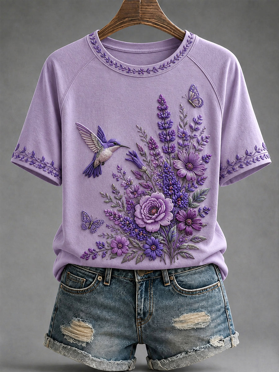 T-shirt de soutien à la sensibilisation à la maladie d’Alzheimer pour femmes, imprimé floral violet et colibris
