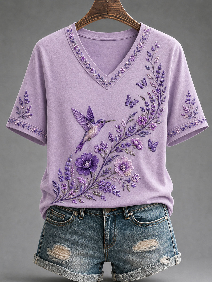 T-shirt à col en V pour femmes, imprimé floral violet et colibris, en soutien à la sensibilisation à la maladie d’Alzheimer