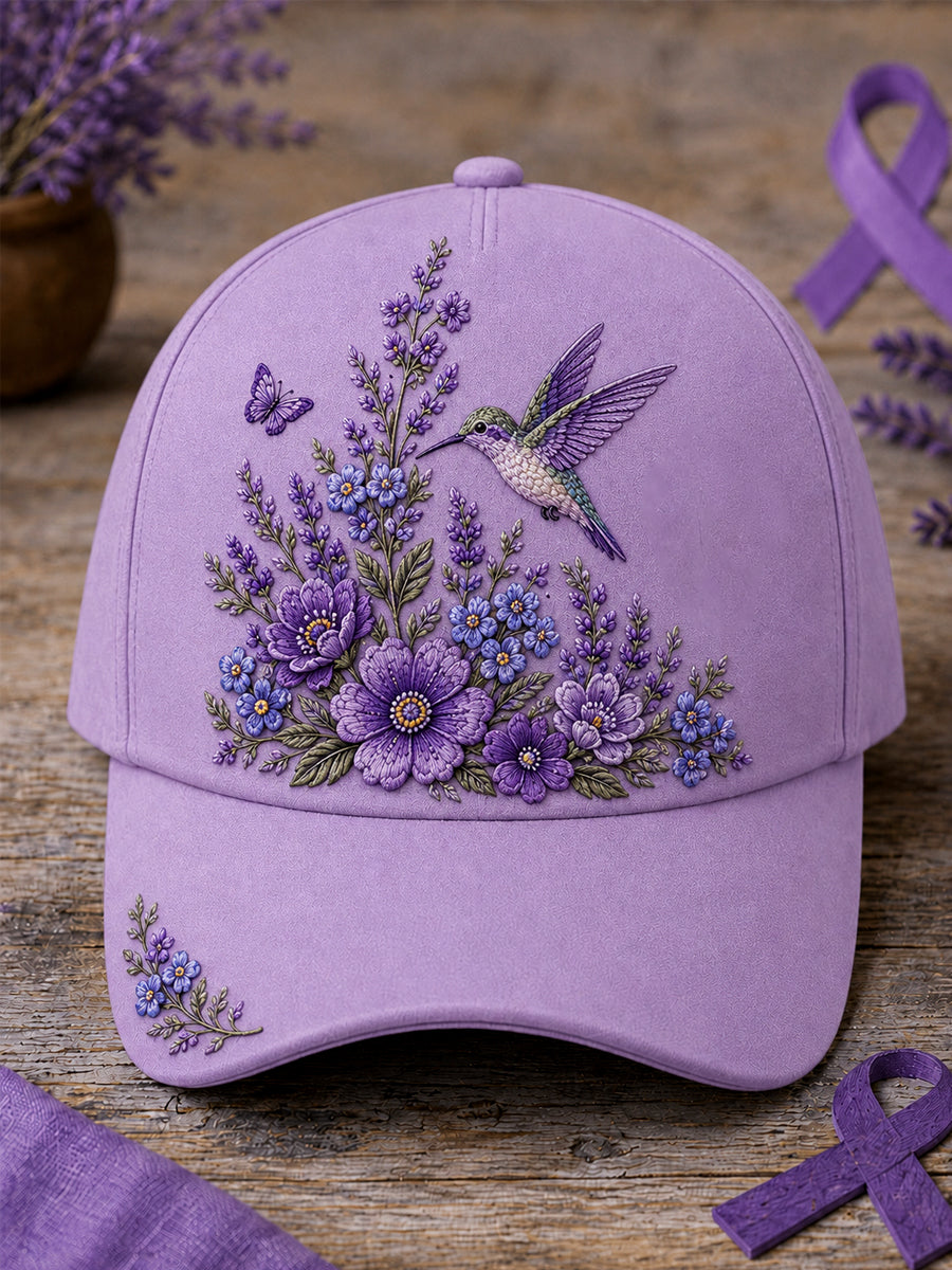 Chapeau de soutien à la sensibilisation à la maladie d’Alzheimer, unisexe, à imprimé floral violet et colibri