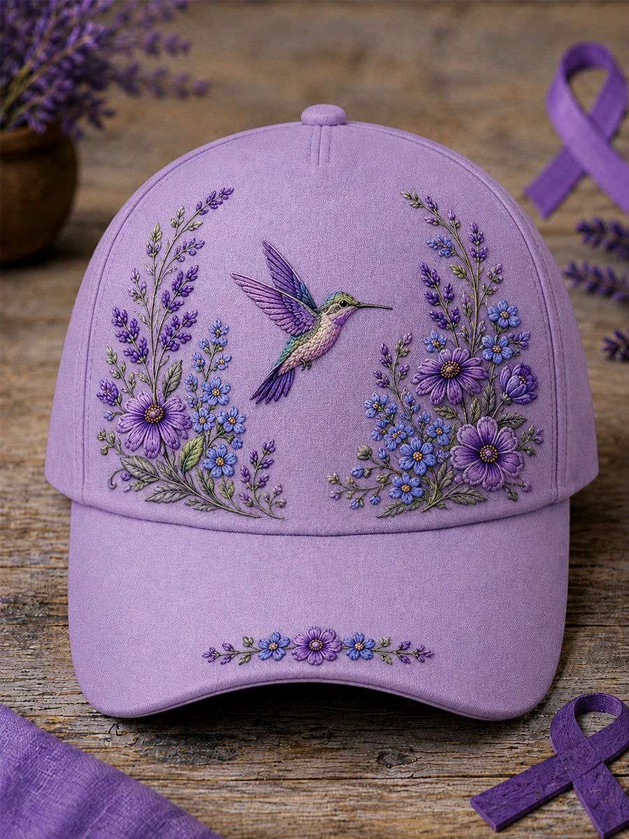 Chapeau de soutien à la sensibilisation à la maladie d’Alzheimer, unisexe, à imprimé floral violet et colibri