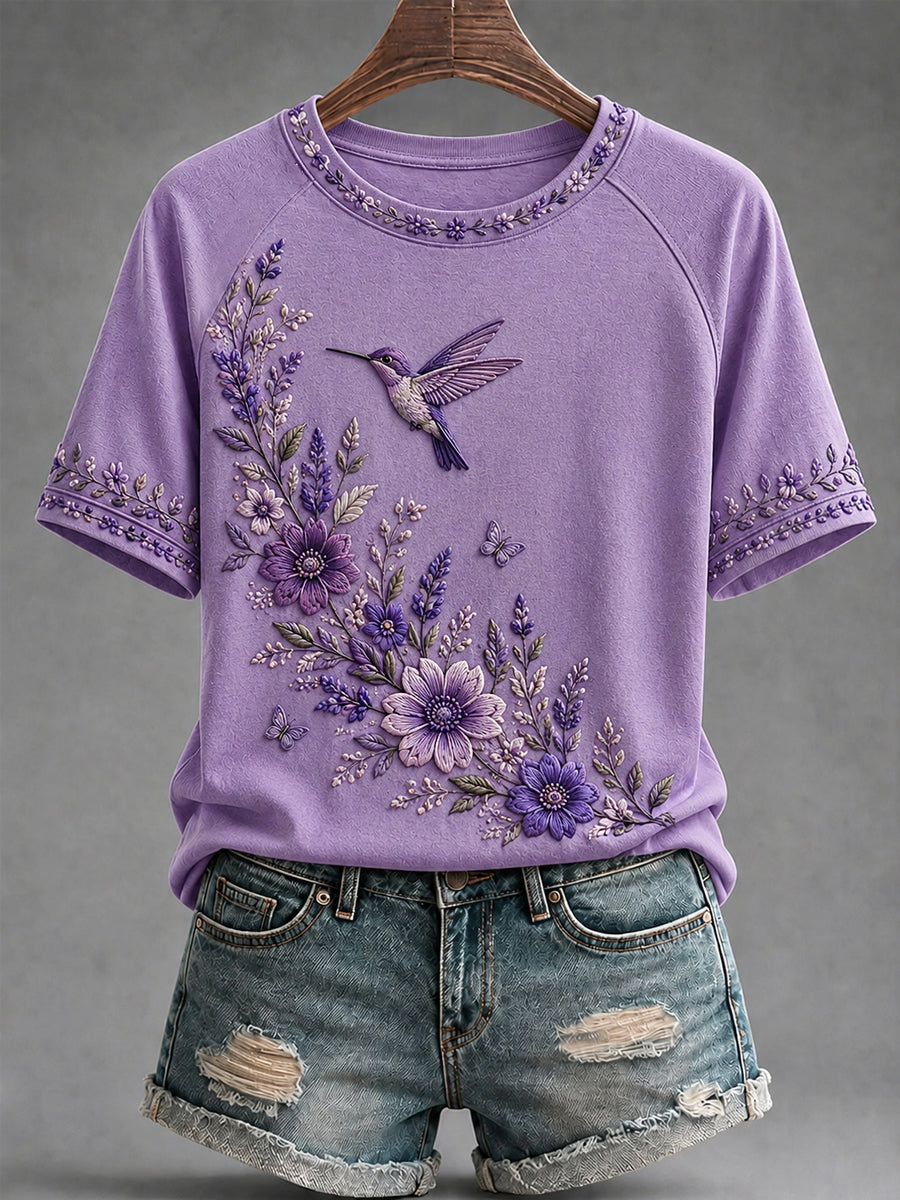 T-shirt de soutien à la sensibilisation à la maladie d’Alzheimer pour femmes, imprimé floral violet et colibris