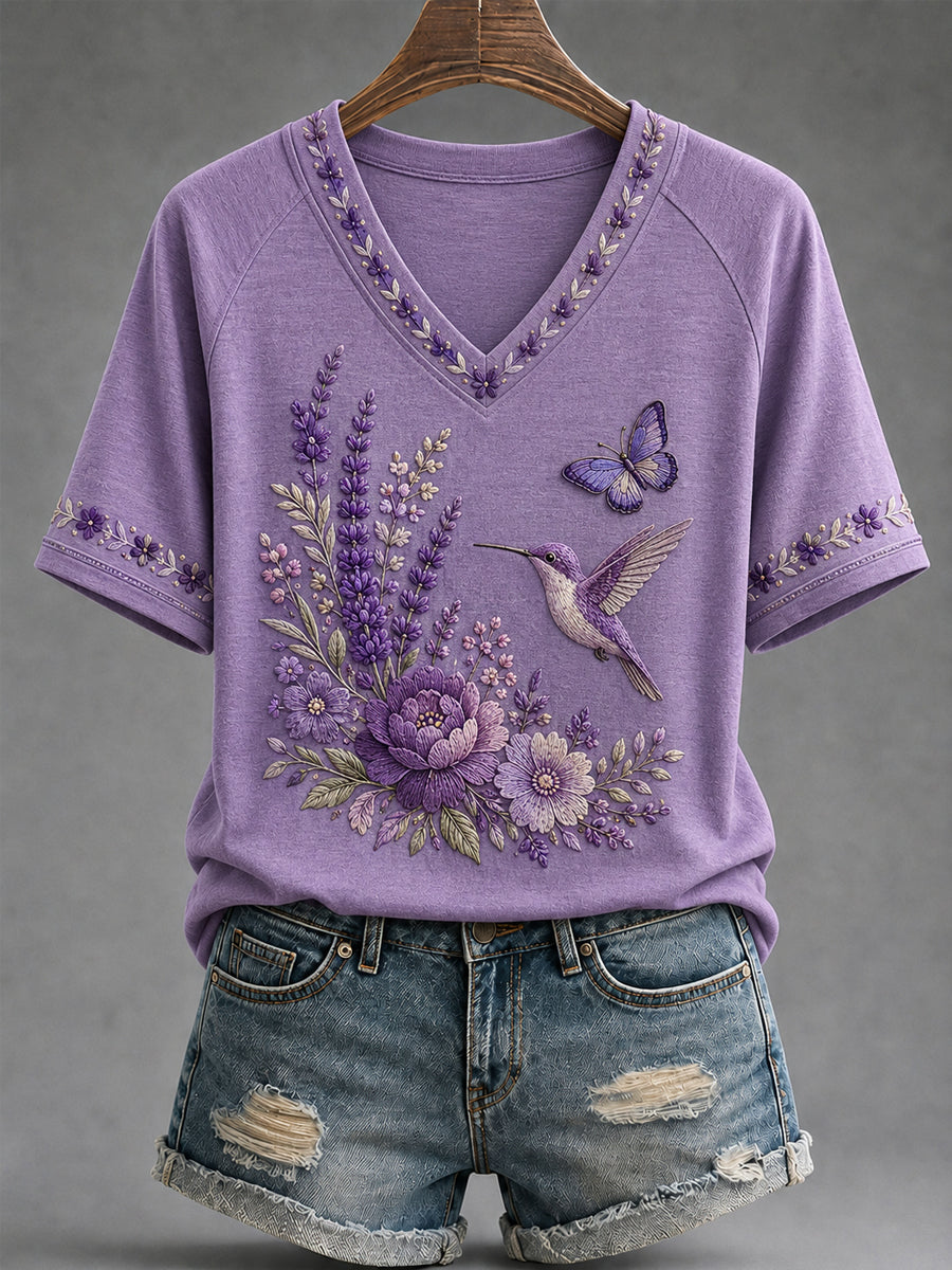 T-shirt à col en V pour femmes, imprimé floral violet et colibris, en soutien à la sensibilisation à la maladie d’Alzheimer