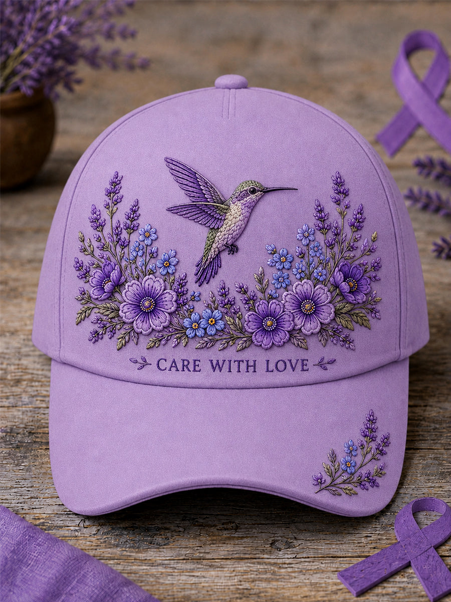 Chapeau de soutien à la sensibilisation à la maladie d’Alzheimer, unisexe, à imprimé floral violet et colibri