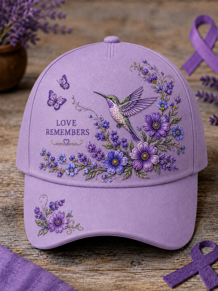 Chapeau de soutien à la sensibilisation à la maladie d’Alzheimer, unisexe, à imprimé floral violet et colibri