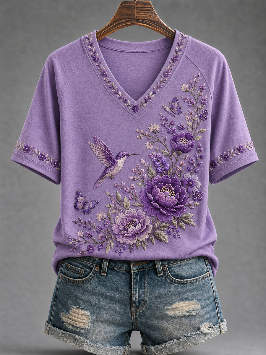 T-shirt à col en V pour femmes, imprimé floral violet et colibris, en soutien à la sensibilisation à la maladie d’Alzheimer