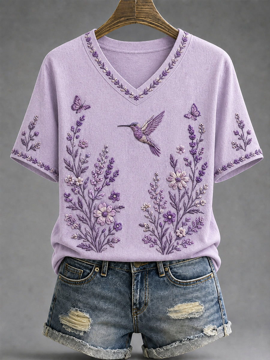T-shirt à col en V pour femmes, imprimé floral violet et colibris, en soutien à la sensibilisation à la maladie d’Alzheimer