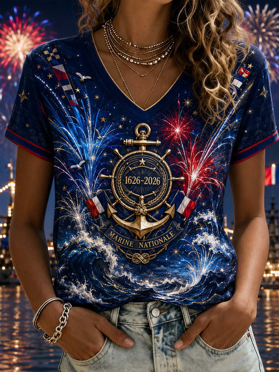 T-shirt col V bleu marine pour femme