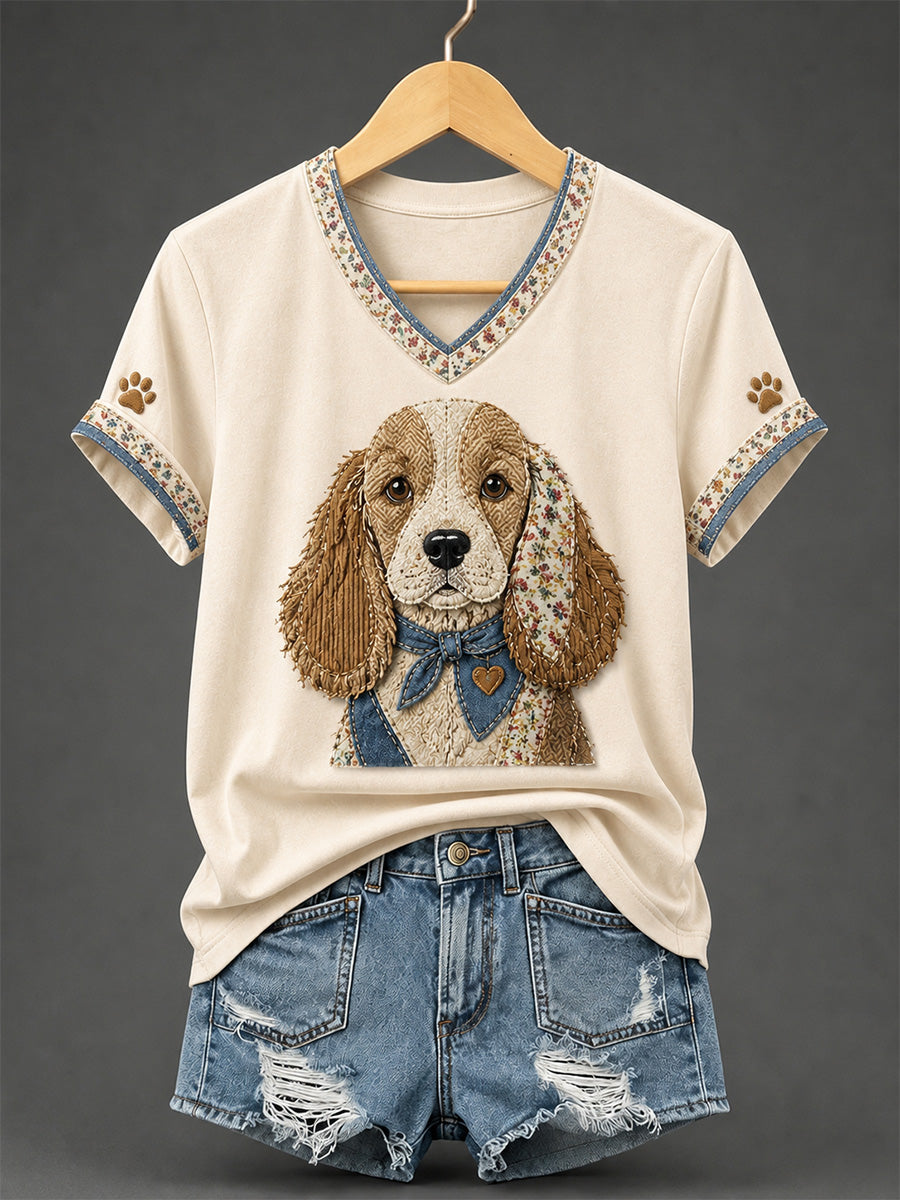 T-shirt rétro à col en V, patchwork et imprimé chien pour femme