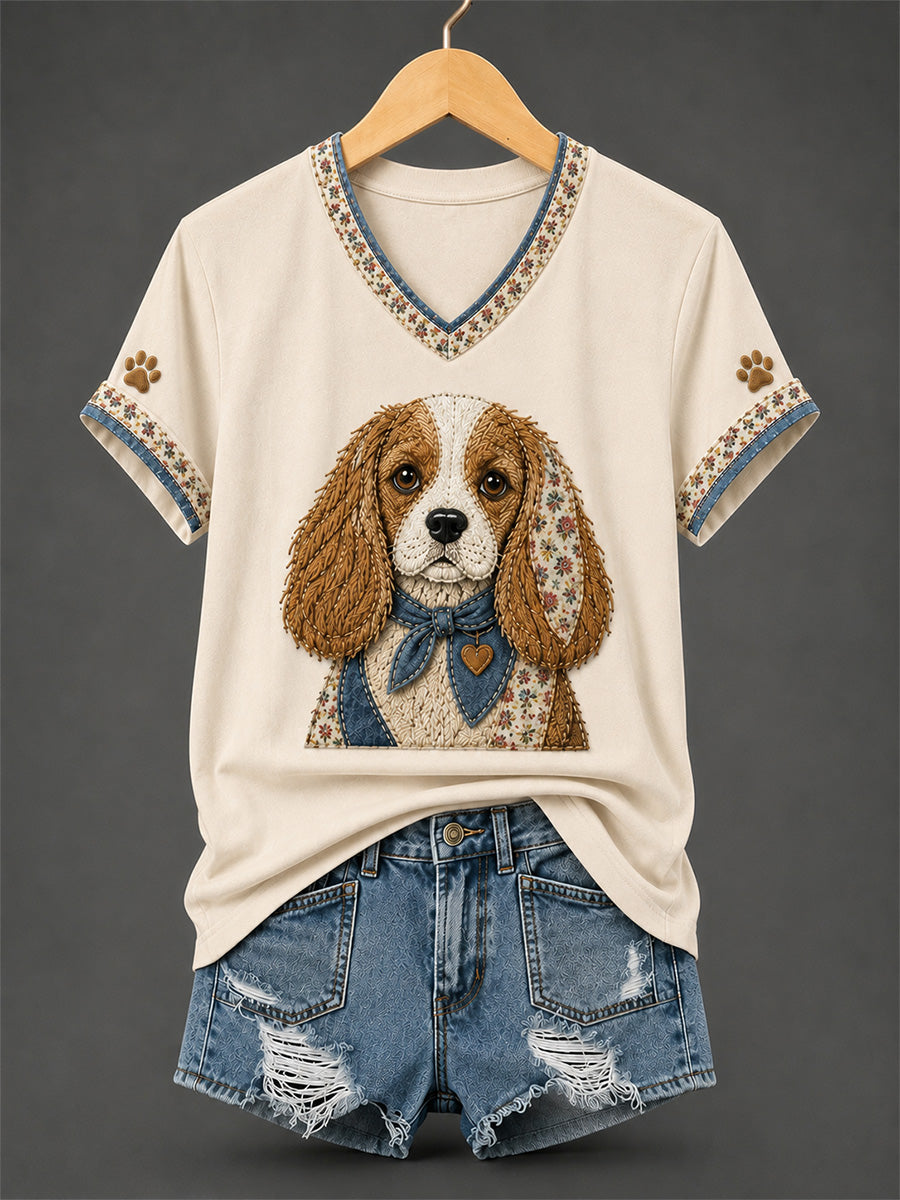 T-shirt rétro à col en V, patchwork et imprimé chien pour femme