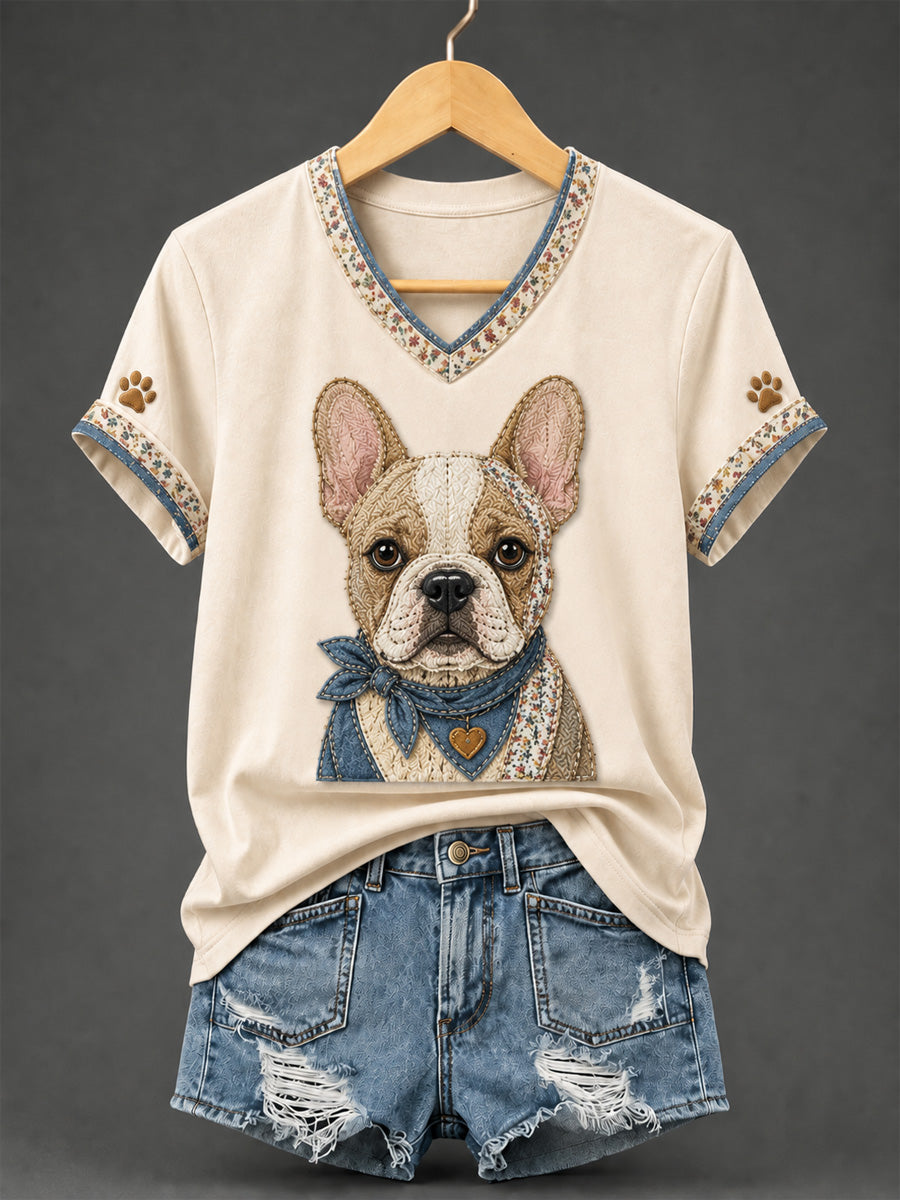 T-shirt rétro à col en V, patchwork et imprimé chien pour femme