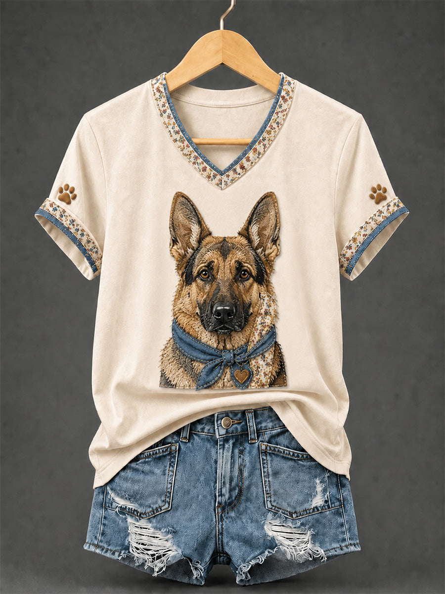 T-shirt rétro à col en V, patchwork et imprimé chien pour femme